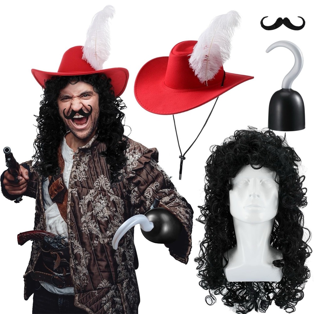 4 Pcs Captain Hook Pirate Costume Accessories Mens Womens Unisex Hat Feather Wig